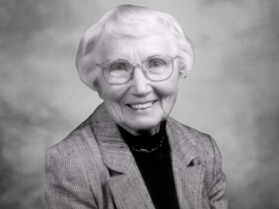 A black and white photo of Amy Jean Knorr