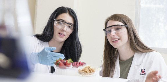 students observing fruit in a lab
