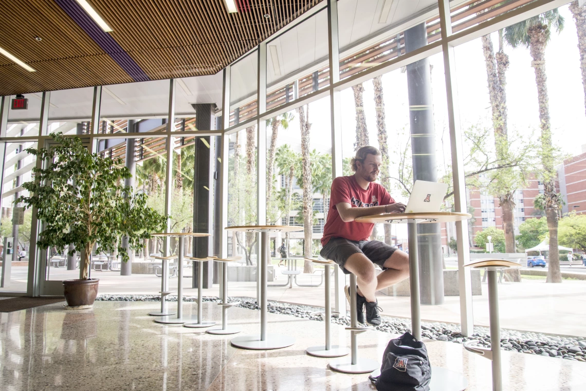 Student on computer in lobby