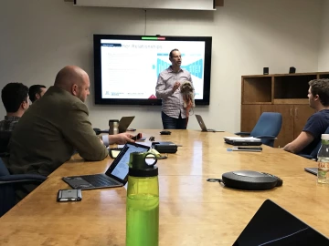 With help from his dog, Rudy, Lyons made his pitch on the final day of the NSF I-Corps Program offered by Tech Launch Arizona.